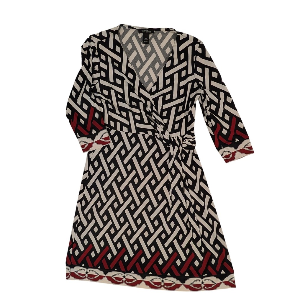 White House Black Market Faux Wrap Dress Geometric Lattice Print Red Black 10